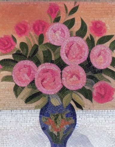 A mosaic of pink roses in a vase