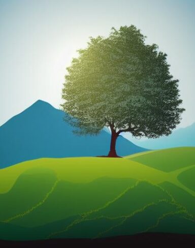 A mountain scene with the tree