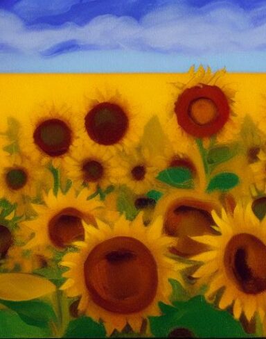 A oil painting of sunflowers in the field