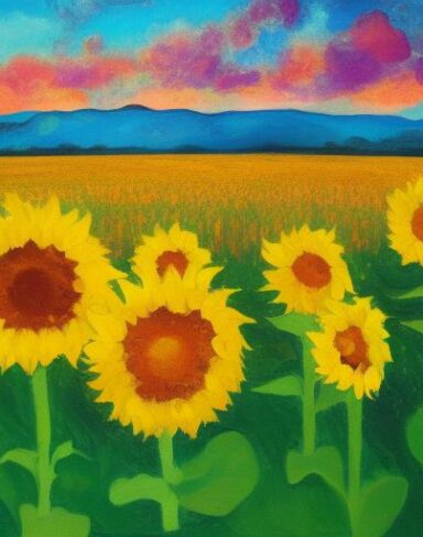 A oil painting of sunflowers in the field