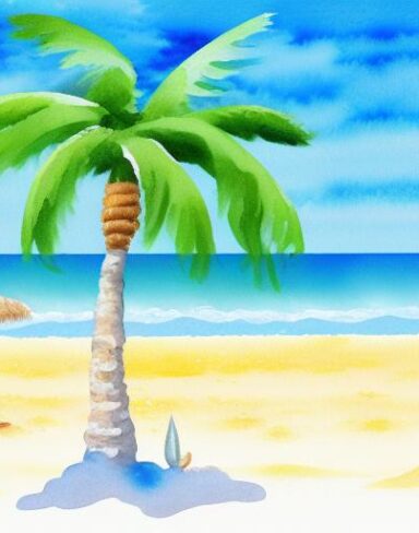 A painting of a beach scene with sand