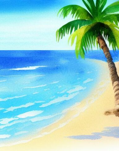 A painting of a beach with several palm trees