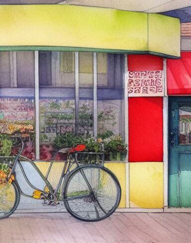 A painting of a bicycle parking in front of a flower mart