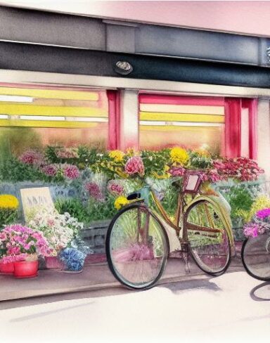 A painting of a bicycle parking in front of a flower shop