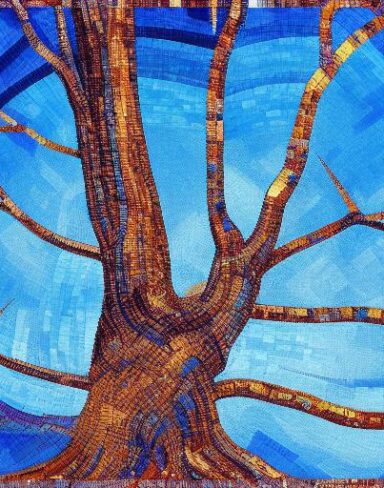 A painting of a big tree and a blue sky
