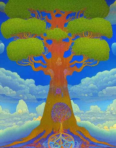 A painting of a big tree with sky in the background