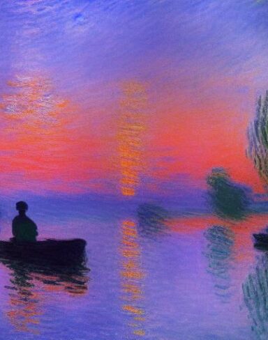 A painting of a boat in a body of water at neon sunset