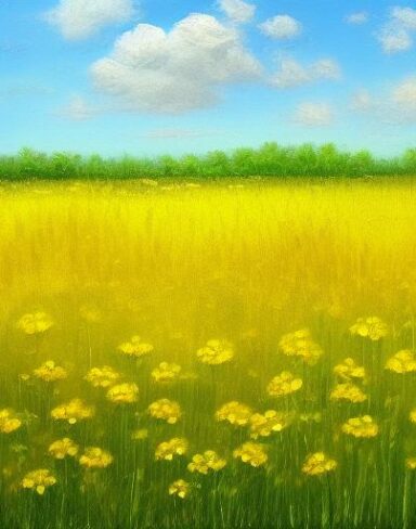 A painting of a bunch of yellow flowers in a field