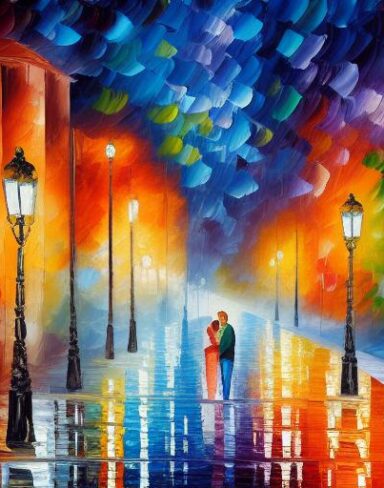 A painting of a city street and a pair of couple at night