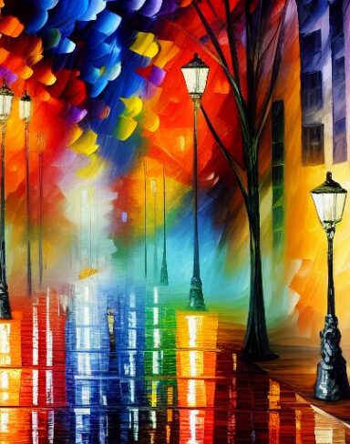 A painting of a city street at night