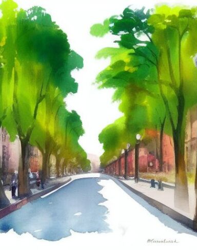 A painting of a city street with greenery