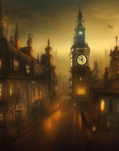 A painting of a city with a clock tower