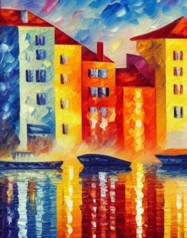 A painting of a city with small boats