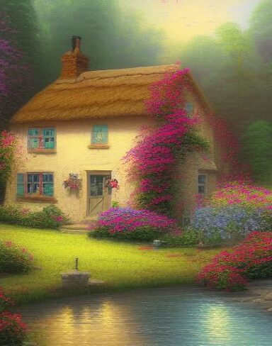 A painting of a cottage by a river with beautiful flowers