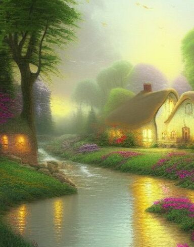 A painting of a cottage by a river with trees