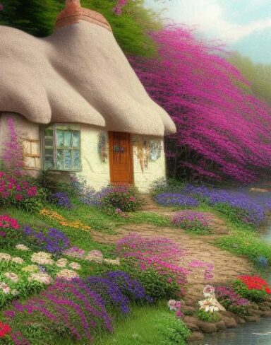 A painting of a cottage near a river with many flowers