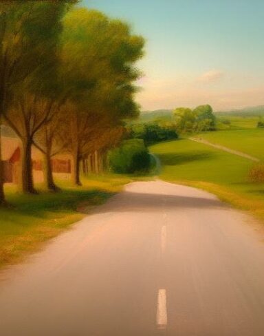 A painting of a country road with a car
