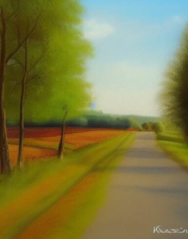 A painting of a country road with lots of trees
