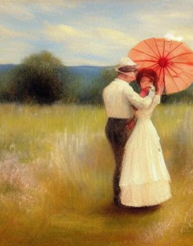 A painting of a couple in a field