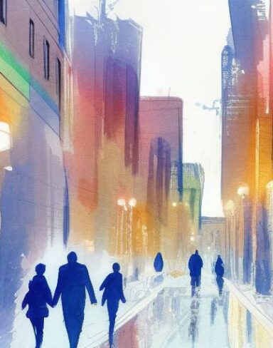 A painting of a couple walking down a city street