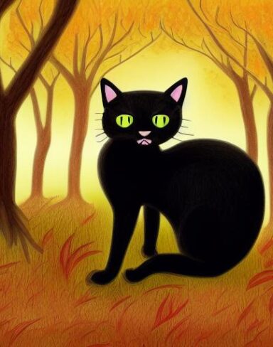 A painting of a creepy giant black cat hiding in the autumn forest