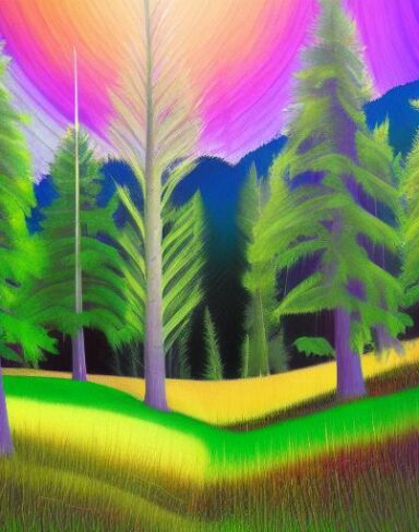 A painting of a forest in a field