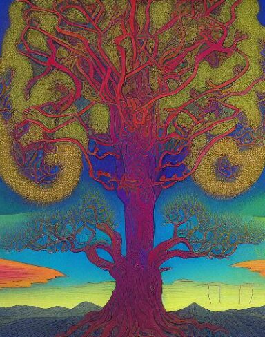 A painting of a giant tree and sky in the background