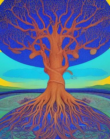 A painting of a giant tree with a blue sky in the background