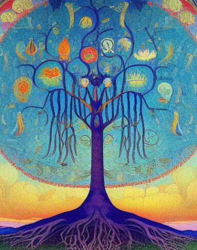 A painting of a giant tree with a sky in the background