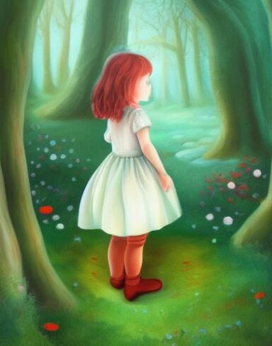 A painting of a little girl standing in a forest