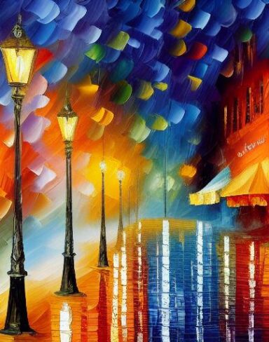 A painting of a restaurant street at night