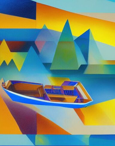 A painting of a river with a boat in the background