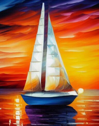 A painting of a sailboat at sunset in the sea