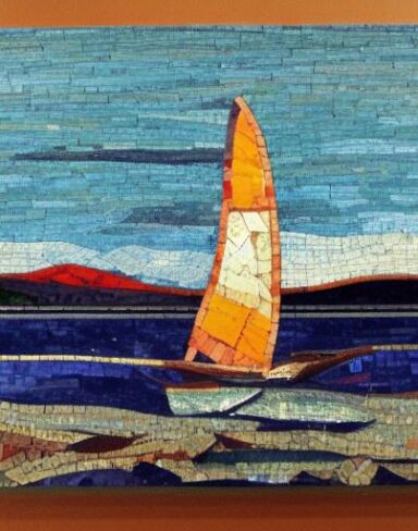 A painting of a sailboat on a body of water