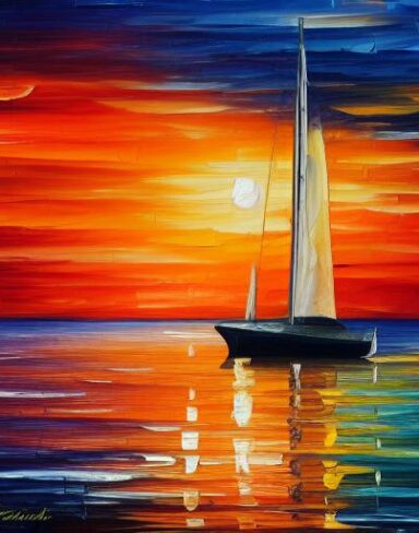 A painting of a sailboat with orange sunset