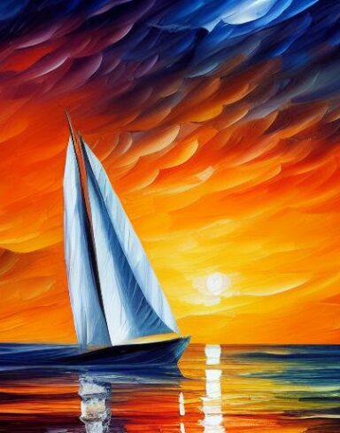 A painting of a sailboat with orange sunset in the middle of the sea