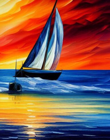 A painting of a sailboat with sunset and blue ocean