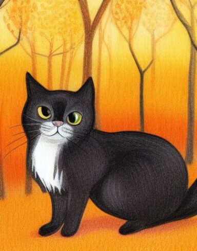 A painting of a small happy black cat in the autumn-fall forest