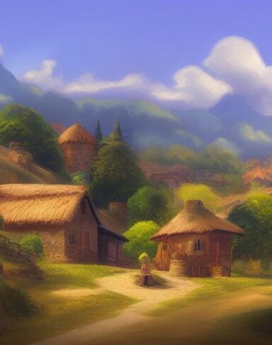 A painting of a small village in the mountains