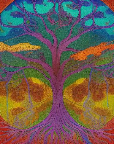 A painting of a tree and sky in the background