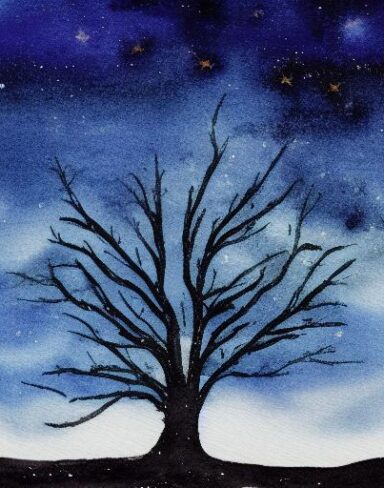 A painting of a tree in the night galaxy sky