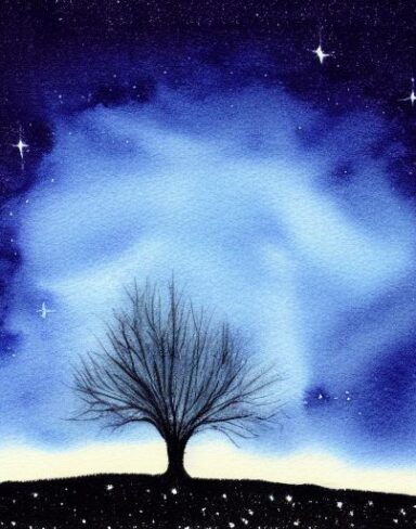 A painting of a tree in the sky at night