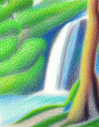 A painting of a trees with waterfall