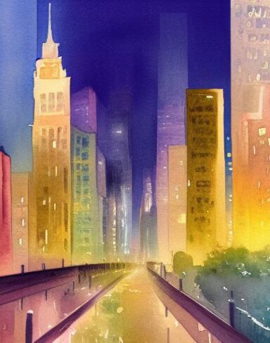 A painting of a view of a city and buildings at night