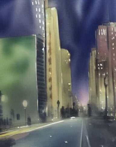 A painting of a view of the city and buildings at night
