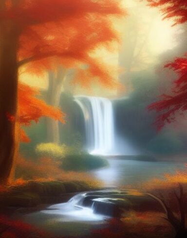 A painting of a waterfall in a forest