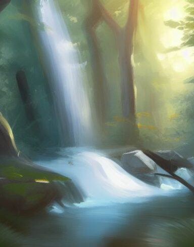 A painting of a waterfall in a forest