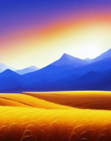 A painting of a wheat field with snow mountains in the sunset background