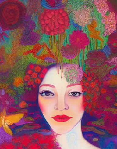 A painting of a woman and with beautiful flowers surrounded