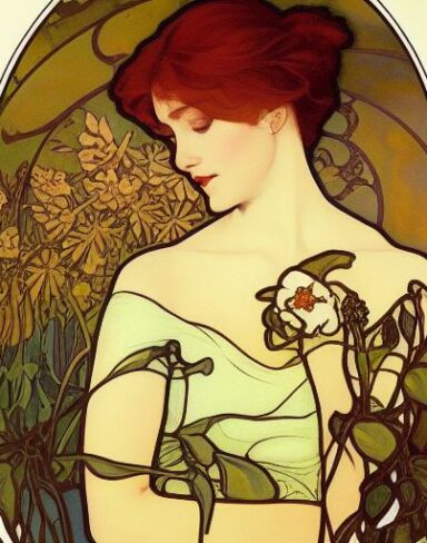 A painting of a woman holding a plants